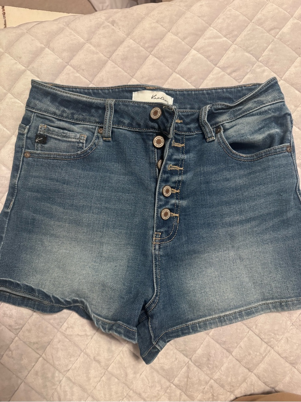 KanCan Medium Blue High-Rise Button-Fly Denim Shorts